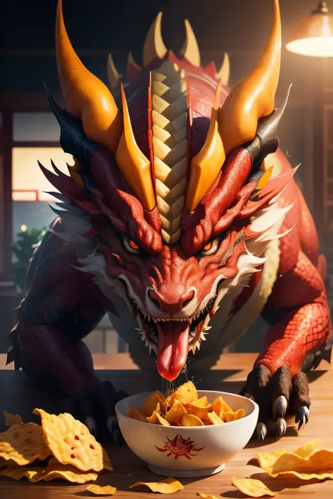 Chinese dragon 8k HD eating potato chips