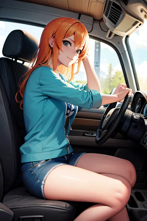 Nami del anime One Piece ,driving a truck inside the cabin of a Kenworth brand w900 on the road
