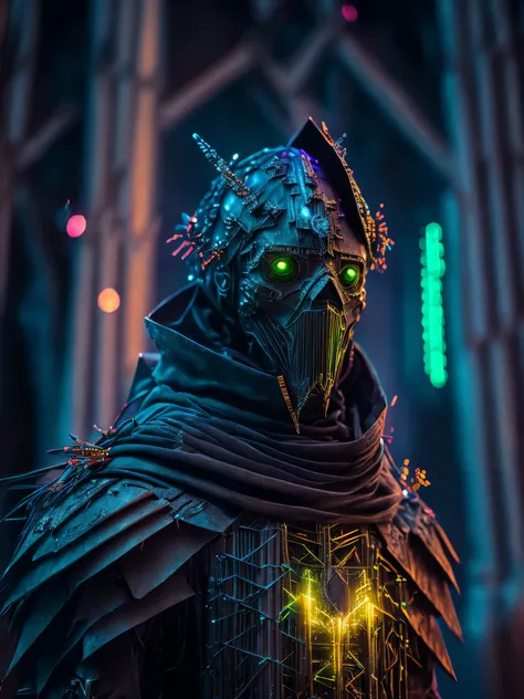 Grim portrait of the DC Scarecrow with intricate angular cybernetic implants inside a brutalist building, gothic brutalist cathedral, good lighting, cyberpunk, Foto premiada, Bokeh, coloured Neon lights in the background, cybernetic limb