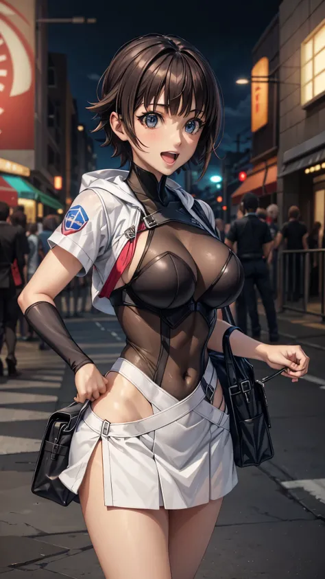 A woman with long black hair and a woman with short blonde hair,20-year-old,,city,night,white tight miniskirt bodysuit,(Harada Makoto),open mouth smile((See-through)),