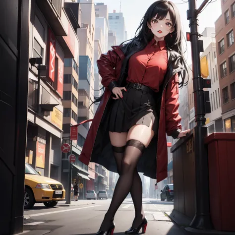 1 girl, black hair, red lips, sheer shirt, jacket on top, with a pladded black skirt, thigh-highs, yellow oversized shoes