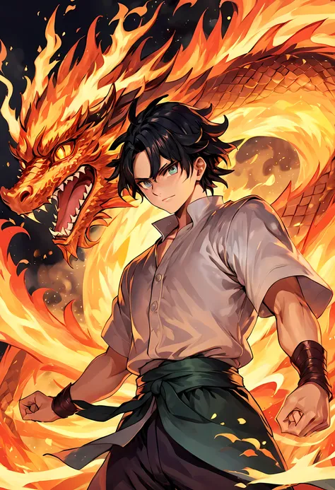 (best quality,masterpiece),(Very detailed:1.2),(perfect face:1.3),Handsome man surrounded by oriental fire dragons,fighting stance,Handsome guy in the art of slaying demons,High-quality animation illustrations,Human and dragon fusion, Anime Fantasy Illustr...