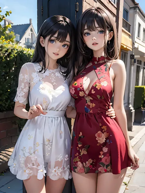 drooping eyes, realistic skin, ecstasy, ((completely transparent) casual all over dress with floral pattern), open legs, outside, 