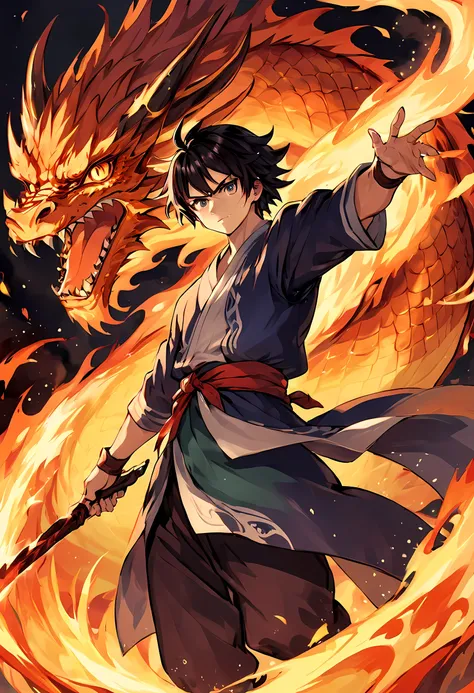 (best quality,masterpiece),(Very detailed:1.2),(perfect face:1.3),Handsome man surrounded by oriental fire dragons,fighting stance,Handsome guy in the art of slaying demons,High-quality animation illustrations,Human and dragon fusion, Anime Fantasy Illustr...