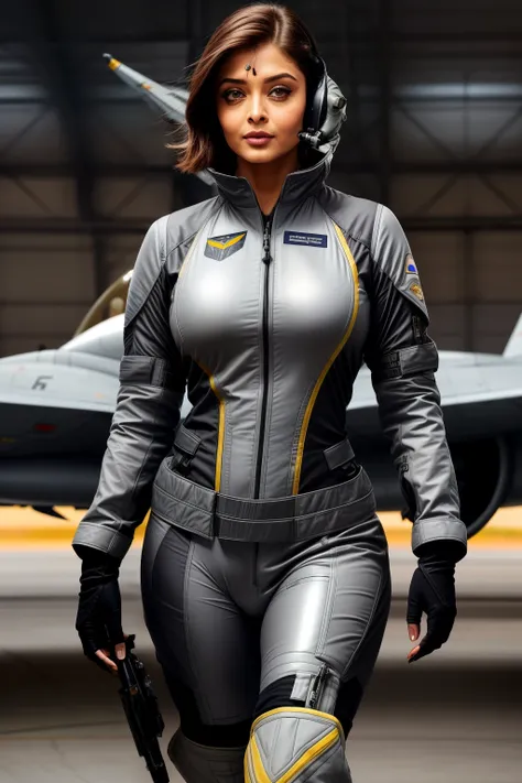 Aishwarya rai as fighter pilot, ((grey fighter pilot uniform)), high boots, posing in catwalk in hanger, day scene,  mature curvaceous hourglass figure, massives boobs, look straight at camera, ((bob cut hair)), sexy 50 yo MILF, soft volumetric lights, int...