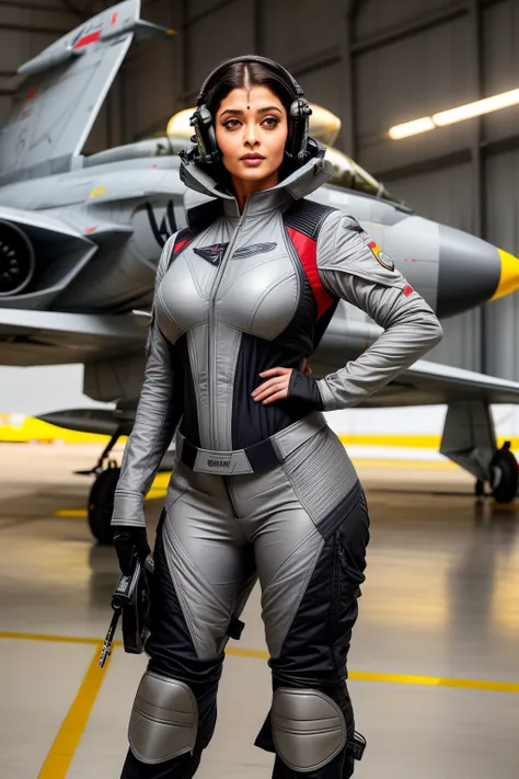 Aishwarya rai as fighter pilot, ((grey fighter pilot uniform)), high boots, posing in catwalk in hanger, day scene,  mature curvaceous hourglass figure, massives boobs, look straight at camera, ((bob cut hair)), sexy 50 yo MILF, soft volumetric lights, int...