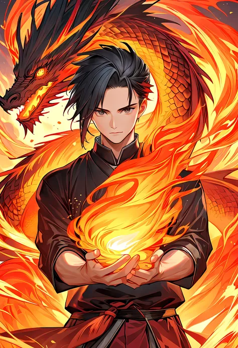 (best quality,masterpiece),(Very detailed:1.2),(perfect face:1.3),Handsome man surrounded by oriental fire dragons,Handsome guy in the art of slaying demons,High-quality animation illustrations,Human and dragon fusion, Anime Fantasy Illustration, fantasy s...