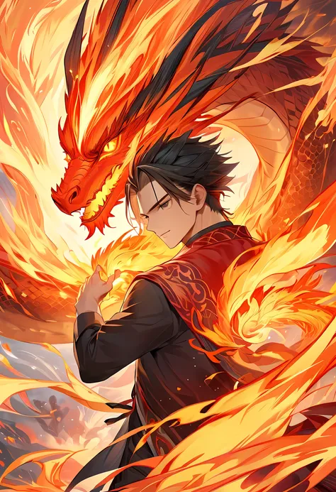 (best quality,masterpiece),(Very detailed:1.2),(perfect face:1.3),Handsome man surrounded by oriental fire dragons,struggle,Handsome guy in the art of slaying demons,High-quality animation illustrations,Human and dragon fusion, Anime Fantasy Illustration, ...