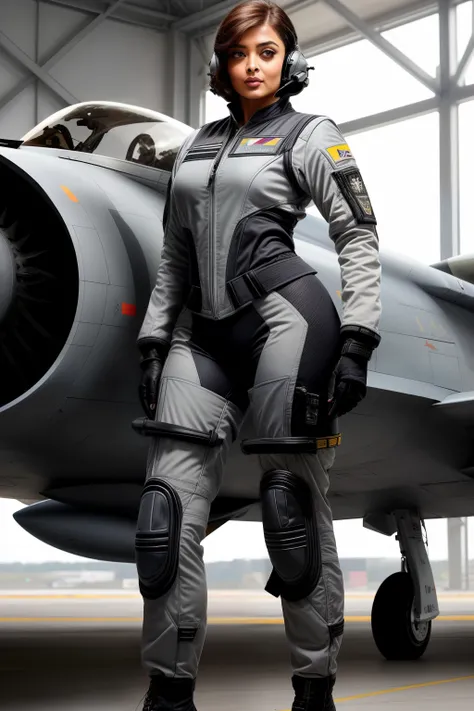 Aishwarya rai as fighter pilot, ((grey fighter pilot uniform)), high boots, posing in catwalk in hanger, day scene,  mature curvaceous hourglass figure, massives boobs, look straight at camera, ((bob cut hair)), sexy 50 yo MILF, soft volumetric lights, int...