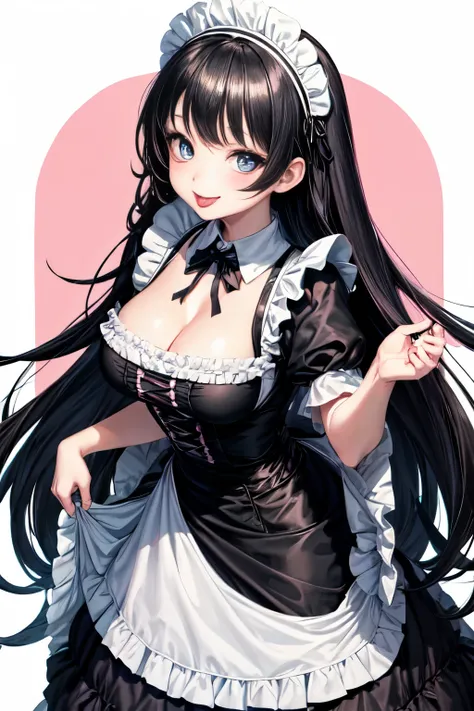 an anime image of beautiful woman dressed in gothic fashion, with very large eyes, 1girl, breasts, solo, cleavage, blue eyes, maid headdress, black hair, large breasts, looking at viewer, long hair, maid, dress, smile, tongue, black dress, bangs, frills, t...