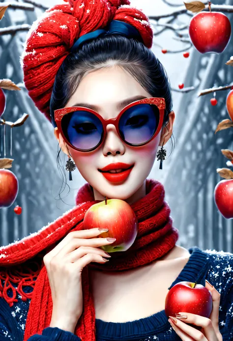 (Modern art fashion character design), Very unified CG, (Half-length close-up), Snowy background,
(A beautiful Chinese girl smiles gently，Hands holding many red apples), (An exaggerated red wide woolen scarf covered half of her face: 1.1), (Wearing large s...