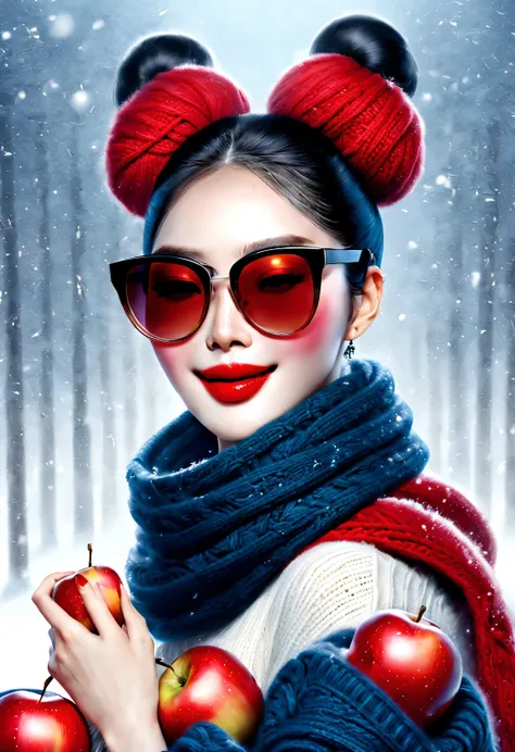 (Modern art fashion character design), Very unified CG, (Half-length close-up), Snowy background,
(A beautiful Chinese girl smiles gently，Hands holding many red apples), (An exaggerated red wide woolen scarf covered half of her face: 1.1), (Wearing large s...