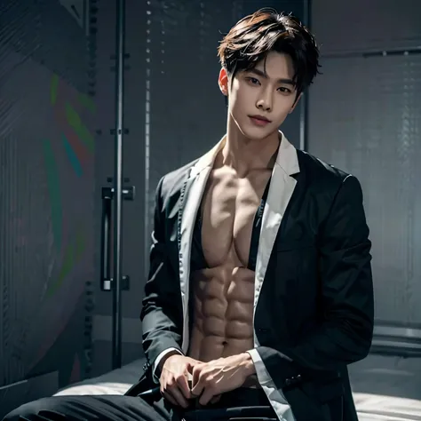 black suit jacket, no shirt, Loose formal wear,Sin Pantalon, male, black hair, medium-length, perfect facial symmetry, Perfect nose, Handsome and bright smile, Almond eyes and Korea. One male, alone, individual, Handsome guy giggles. wolf cut. Single male,...