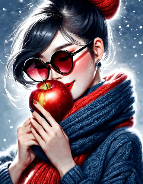 (Modern art fashion character design), Very unified CG, (Half-length close-up), Snowy background,
(A beautiful Chinese girl smiles gently，Hands holding many red apples), (An exaggerated red wide woolen scarf covered half of her face: 1.1), (Wearing large s...