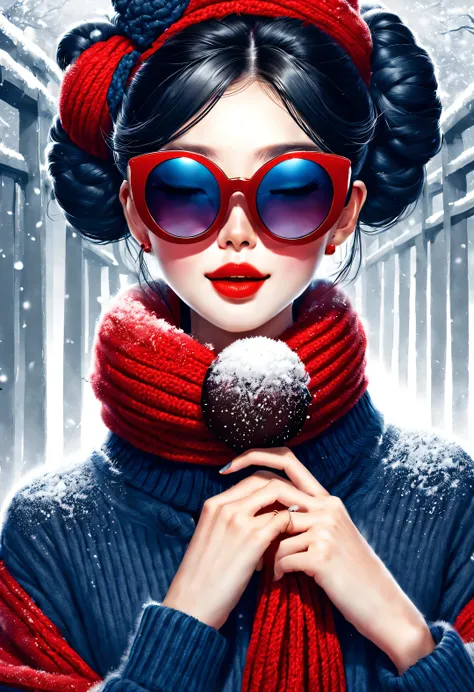 (Modern art fashion character design), Very unified CG, (Half-length close-up), Snowy background,
(A beautiful Chinese girl smiles tenderly ), (An exaggerated red wide woolen scarf covered half of her face: 1.1), (Wearing large sunglasses，Comb your hair in...