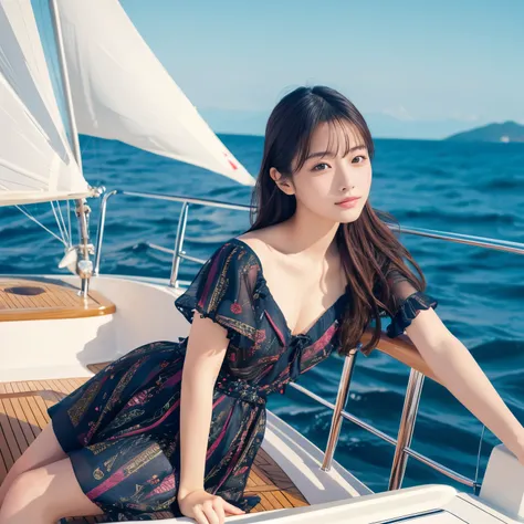 Highest image quality,highest quality,best quality,masterpiece,4k,8k,japanese girl,gorgeous girl,Ship sailing, On a yacht, Beautiful background,louis vuitton pattern fashion,The background is a beautiful sea,