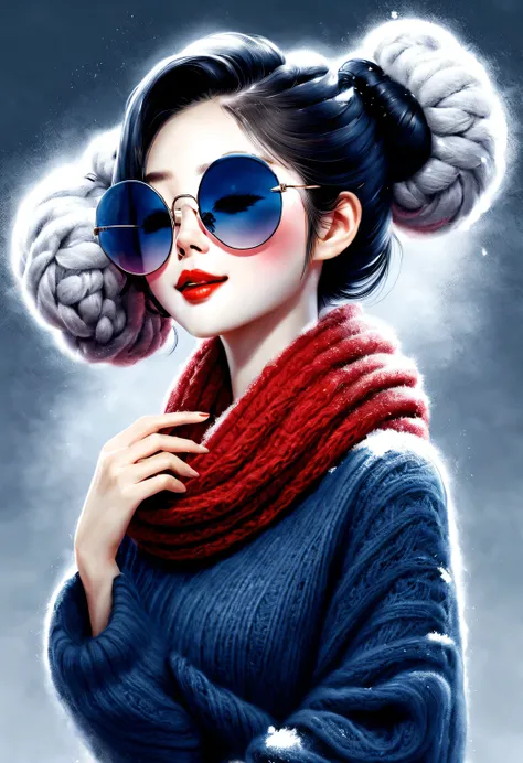 (Modern art fashion character design), Very unified CG, (Half-length close-up), Snowy background,
(A beautiful Chinese girl smiles tenderly ), (An exaggerated red wide woolen scarf covered half of her face: 1.1), (Wearing large sunglasses，Comb your hair in...