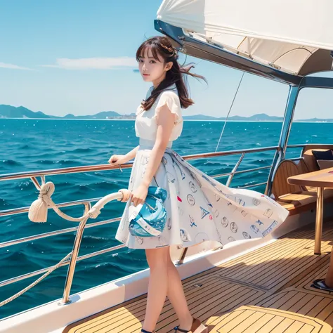 Highest image quality,highest quality,best quality,masterpiece,4k,8k,japanese girl,gorgeous girl,Ship sailing, On a yacht, Beautiful background,louis vuitton pattern fashion,The background is a beautiful sea,