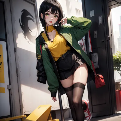 1 girl, black hair with green bangs, red lips, sheer shirt, jacket on top, with a pladded black skirt, thigh-highs, yellow oversized shoes