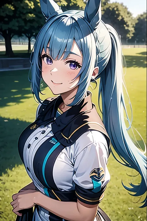 mejiro aldan、uma musume、light blue hair(ponytail)、purple eyes、beautiful skin、horse ears、horse tail、dripping sweat、smile、full bre...