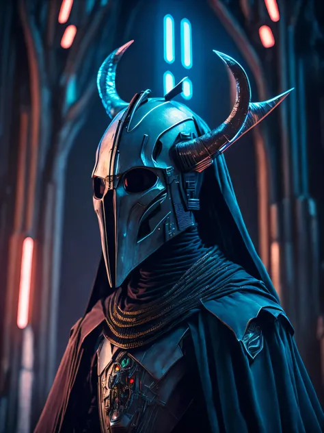 a somber portrait of General Grievous wearing a wild bull head skull from Star Wars with intricate angular cybernetic implants inside a brutalist building, a gothic brutalist cathedral, cyberpunk, award-winning photos, bokeh, neon lights, cybernetic limb