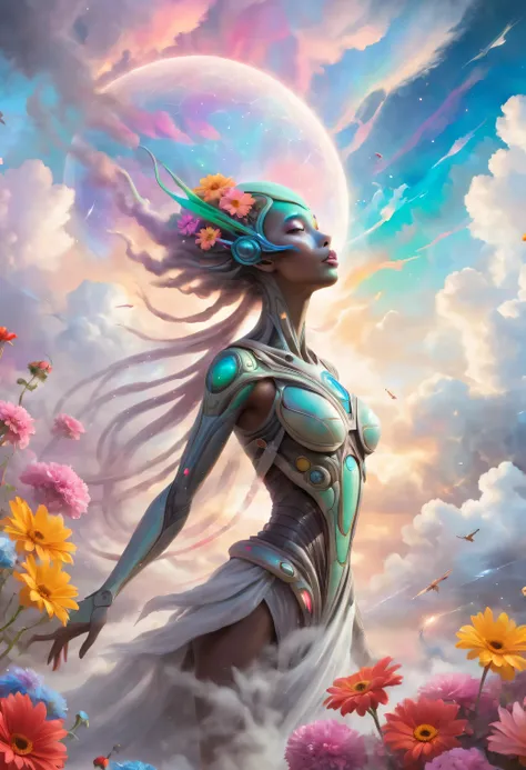 "((ethereal)) depiction of an alien girl harmonizing with the clouds, vibrant splashes of color creating a symphony in the sky, ...