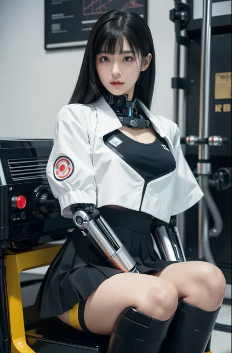 masutepiece, Best Quality, Extremely detailed, (Photorealistic:1.4),(Raw photo) (8K, 4K, Best Quality, hight resolution, 超A high resolution:1.1), (masutepiece, Realistic, Photorealsitic:1.1), 1girl in, Japaese Cyborg highschool Girl,Plump ,Navy Pleated Min...