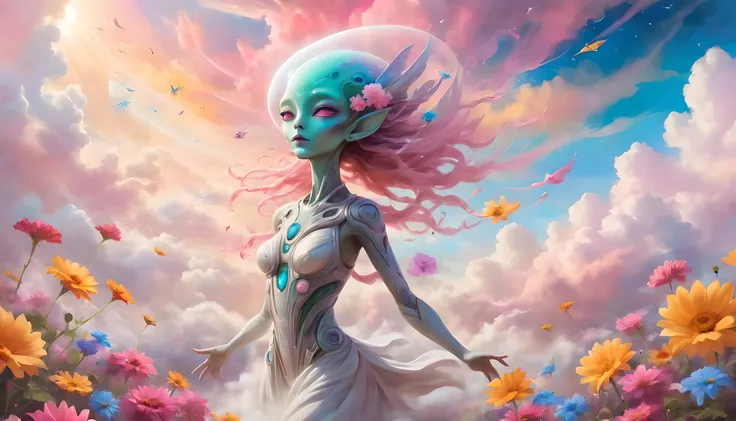 "((Ethereal)) depiction of an alien girl harmonizing with the clouds, vibrant splashes of color creating a symphony in the sky, flowers adding a touch of grace to this fantastical and dreamlike composition"