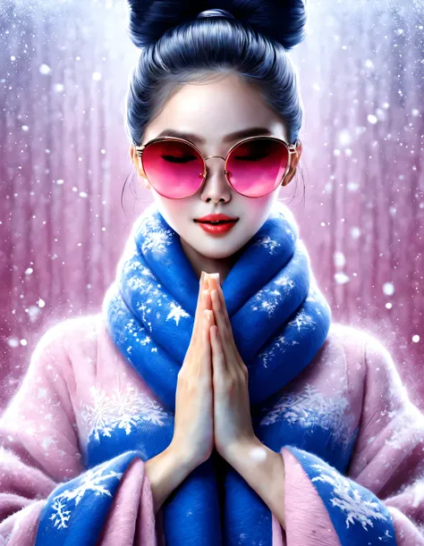 (Modern art fashion character design), Very unified CG, (Half-length close-up), falling snow background, snowfall,
(a beautiful chinese girl，With a gentle smile，Praying with hands together), (A very exaggerated one、A large royal blue woolen scarf covered h...