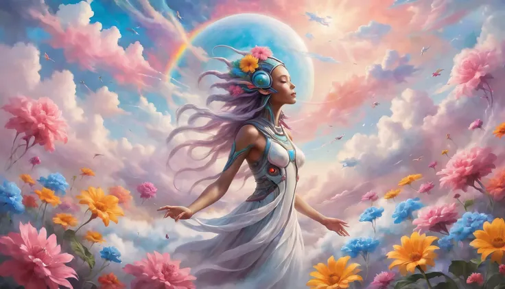 "((ethereal)) depiction of an alien girl harmonizing with the clouds, vibrant splashes of color creating a symphony in the sky, ...