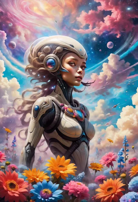 "((Galactic)) scene portraying an alien girl surrounded by a symphony of clouds, splashes of vivid colors, and delicate flowers, an imaginative composition that sparks the viewers curiosity"