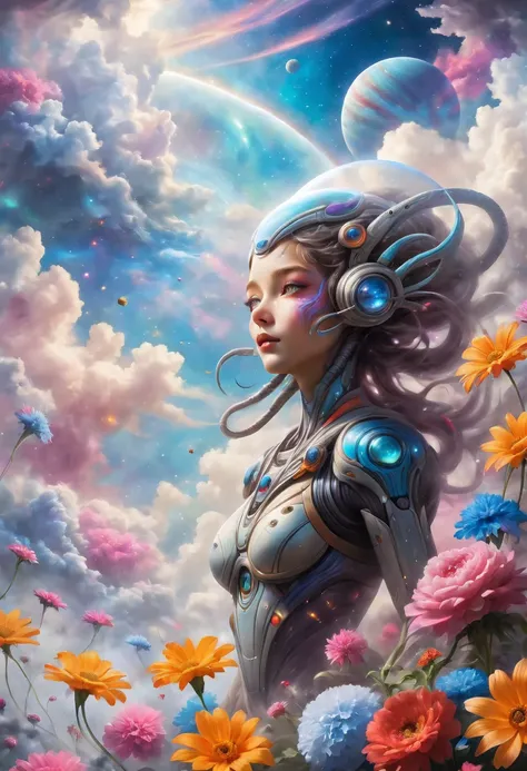 "((Galactic)) scene portraying an alien girl surrounded by a symphony of clouds, splashes of vivid colors, and delicate flowers, an imaginative composition that sparks the viewers curiosity"