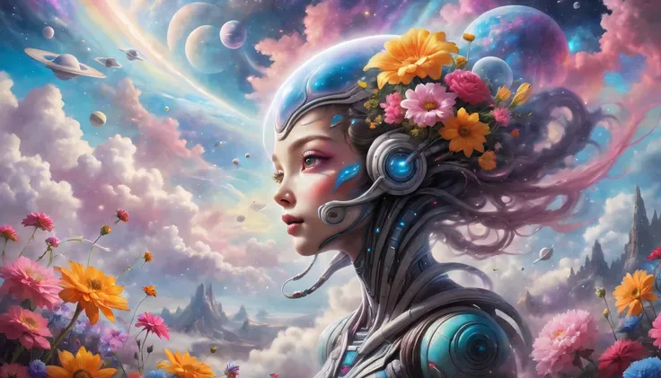 "((Galactic)) scene portraying an alien girl surrounded by a symphony of clouds, splashes of vivid colors, and delicate flowers, an imaginative composition that sparks the viewers curiosity"