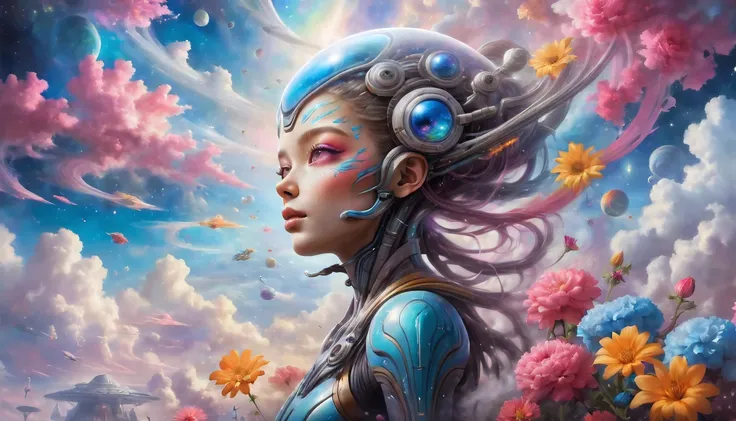 "((galactic)) scene portraying an alien girl surrounded by a symphony of clouds, splashes of vivid colors, and delicate flowers,...