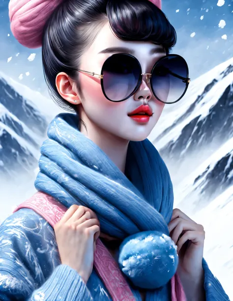 (Modern art fashion character design), Very unified CG, (Half-length close-up), falling snow background, snowfall,
(a beautiful chinese girl，With a gentle smile，Praying with hands together), (A very exaggerated one、A large royal blue woolen scarf covered h...