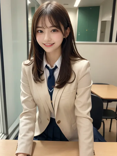 table top, highest quality, figure, super detailed, finely, High resolution, 8k wallpaper, 完璧なダイナミックな構figure, beautiful and fine eyes, natural lip,blazer ,school uniform, whole body、smile、smile