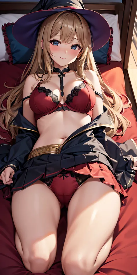 debris flies, highest quality, Highly detailed CG Unity 8K wallpaper, sexy witch , middle length hair、Dark blonde wavy hair、off shoulder knit, dark blue pleated skirt, stockings、medium breasts, saggy breasts, Pose that emphasizes the chest, blush, shy smil...