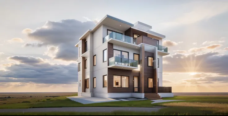 (sun light from the left), arafed ALL IN NEW STYLE a modern (((brown))) house with a large balcony and a large balcony, arhitectural shot, wide angle exterior 2022, large modern residence, concept house, modern house in the wood, unreal 5 engine highlly re...