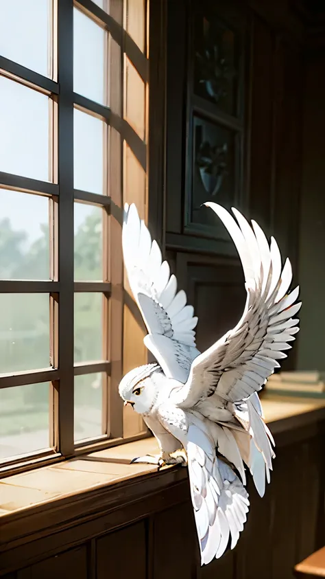 A white eagle owl stands on the window sill of an old house，wooden sills and windows，Glass windows open outwards，《harry potter》，Hogwarts Owl，