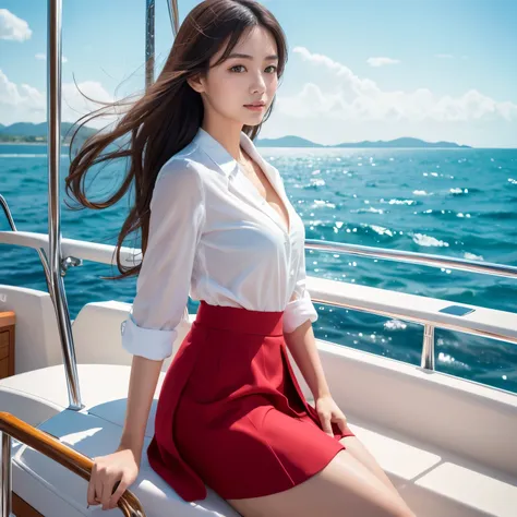 Highest image quality,highest quality,best quality,masterpiece,4k,8k,japanese girl,Fair-skinned girls,Ship sailing, On a yacht, Beautiful background,skirt fashion,The background is a beautiful sea,joy