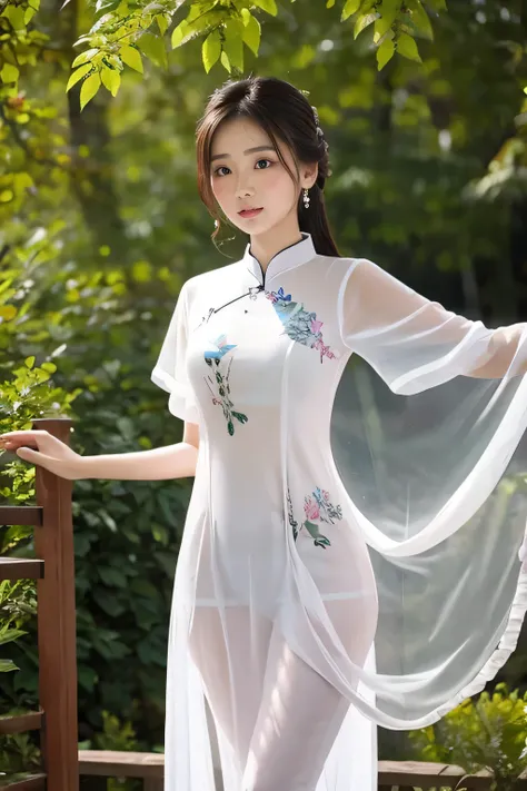 (drooping eyes, realistic skin, round face), ecstasy, ((completely transparent) see-through Ao-dai with floral pattern on the naked), open legs, outside, angle from below,