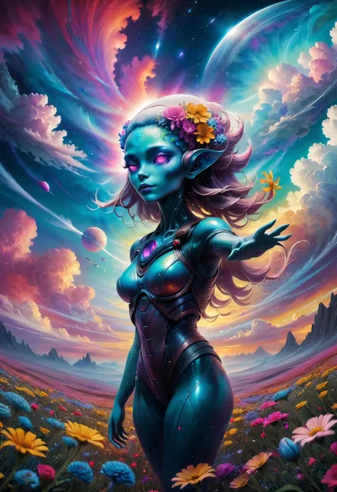 "((galactic)) scene portraying an alien girl surrounded by a symphony of clouds, splashes of vivid colors, and delicate flowers,...