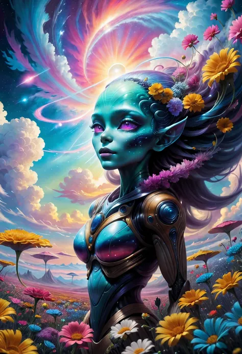 "((galactic)) scene portraying an alien girl surrounded by a symphony of clouds, splashes of vivid colors, and delicate flowers,...