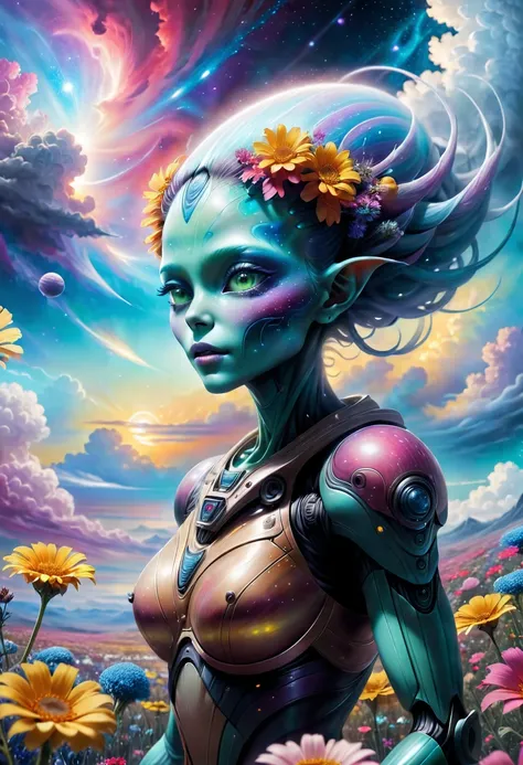 "((Galactic)) scene portraying an alien girl surrounded by a symphony of clouds, splashes of vivid colors, and delicate flowers, an imaginative composition that sparks the viewers curiosity"