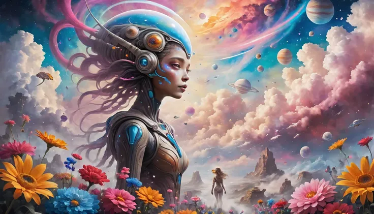 "((Galactic)) scene portraying an alien girl surrounded by a symphony of clouds, splashes of vivid colors, and delicate flowers, an imaginative composition that sparks the viewers curiosity"