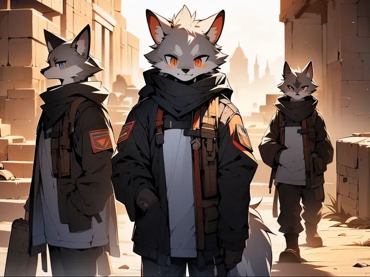 The expression is cold，Serious，bloodthirsty，tall，Wolf Clan，solidcolor，Gray hair，Golden pupils，Ultimate light and shadow，shoulder rocket，((worn-out clothing，military uniform)) ，((desert，the only person))， ((detail)，standing