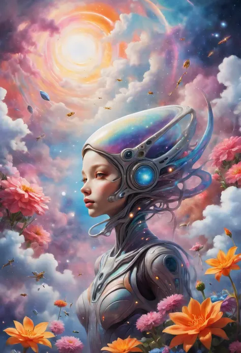 "((galactic)) scene portraying an alien girl surrounded by a symphony of clouds, splashes of vivid colors, and delicate flowers,...