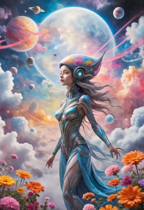 "((Galactic)) scene portraying an alien girl surrounded by a symphony of clouds, splashes of vivid colors, and delicate flowers, an imaginative composition that sparks the viewers curiosity"