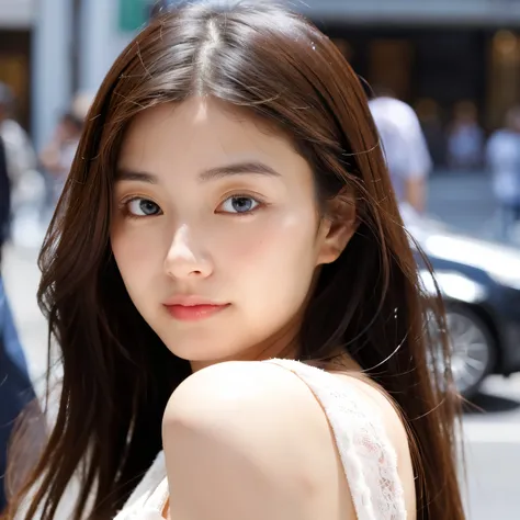 beautiful face, highest quality,Super high natural light, shiny skin,fine skin,detailed face,fine eyes, beautiful japanese girl, In the streets of Japan&#39;s big city,Surrounded by men、girl with shy expression