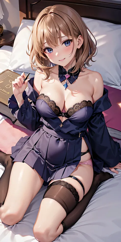 debris flies, highest quality, Highly detailed CG Unity 8K wallpaper, sexy witch , short hair、Dark blonde wavy hair、off shoulder knit, dark blue pleated skirt, stockings、medium breasts, saggy breasts, Pose that emphasizes the chest, blush, shy smile, bare ...